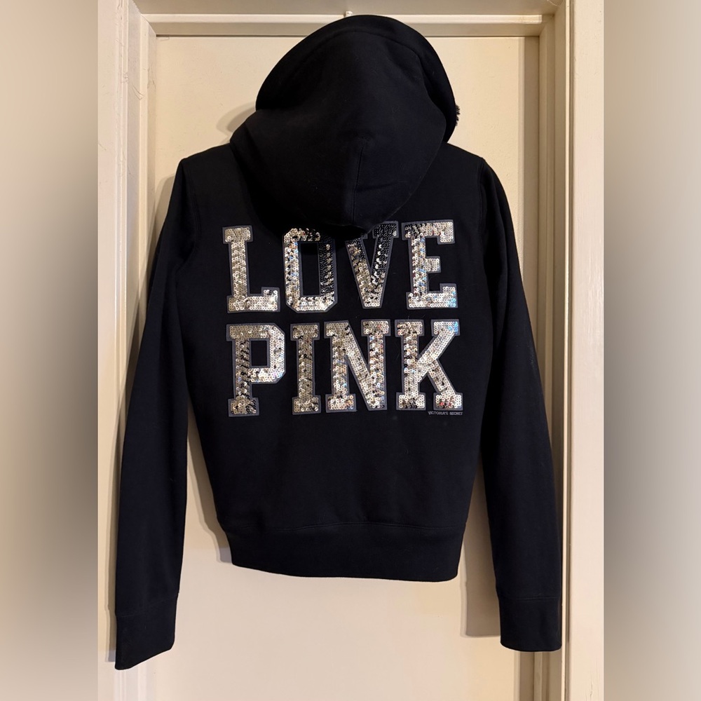 Victoria’s Secret PINK Bling sequined Love Pink fur lined hoodie sz large NWT